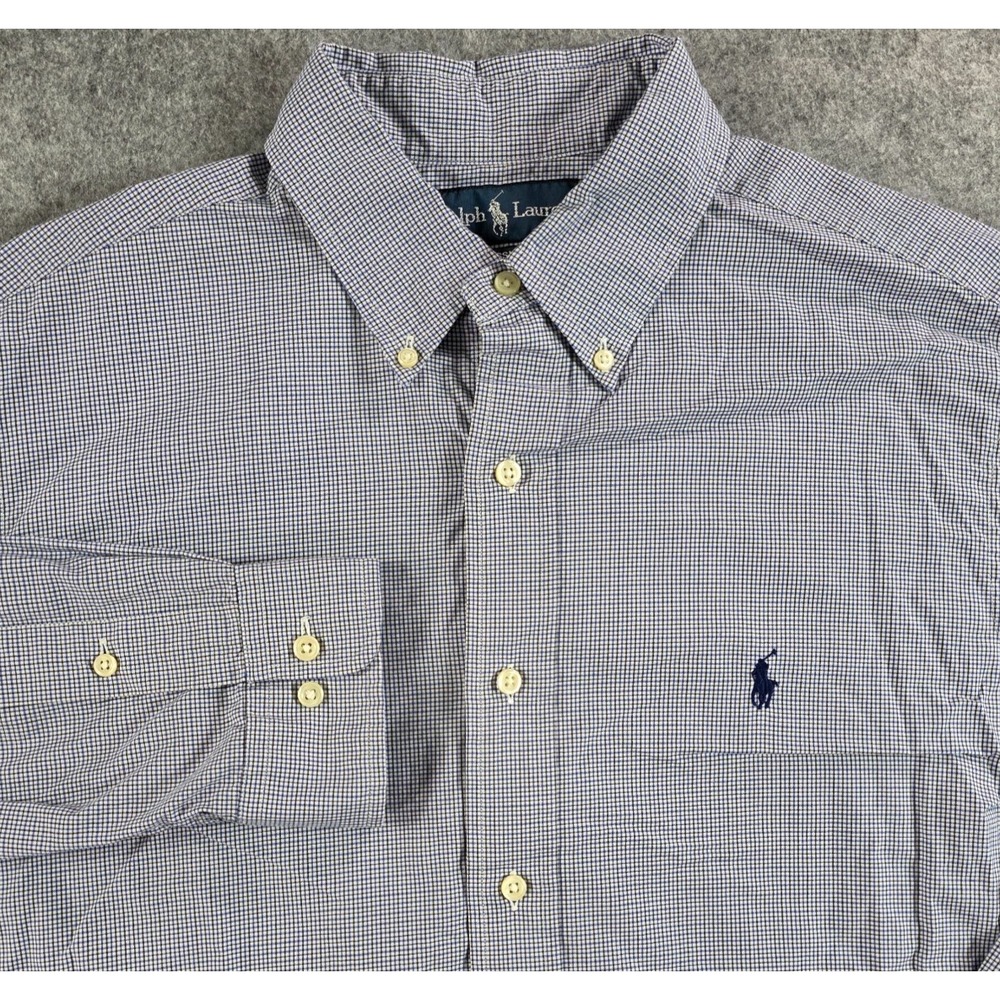 Polo Ralph Lauren Shirt Mens 16 34/35 Blue Gingham Classic Fit Dress